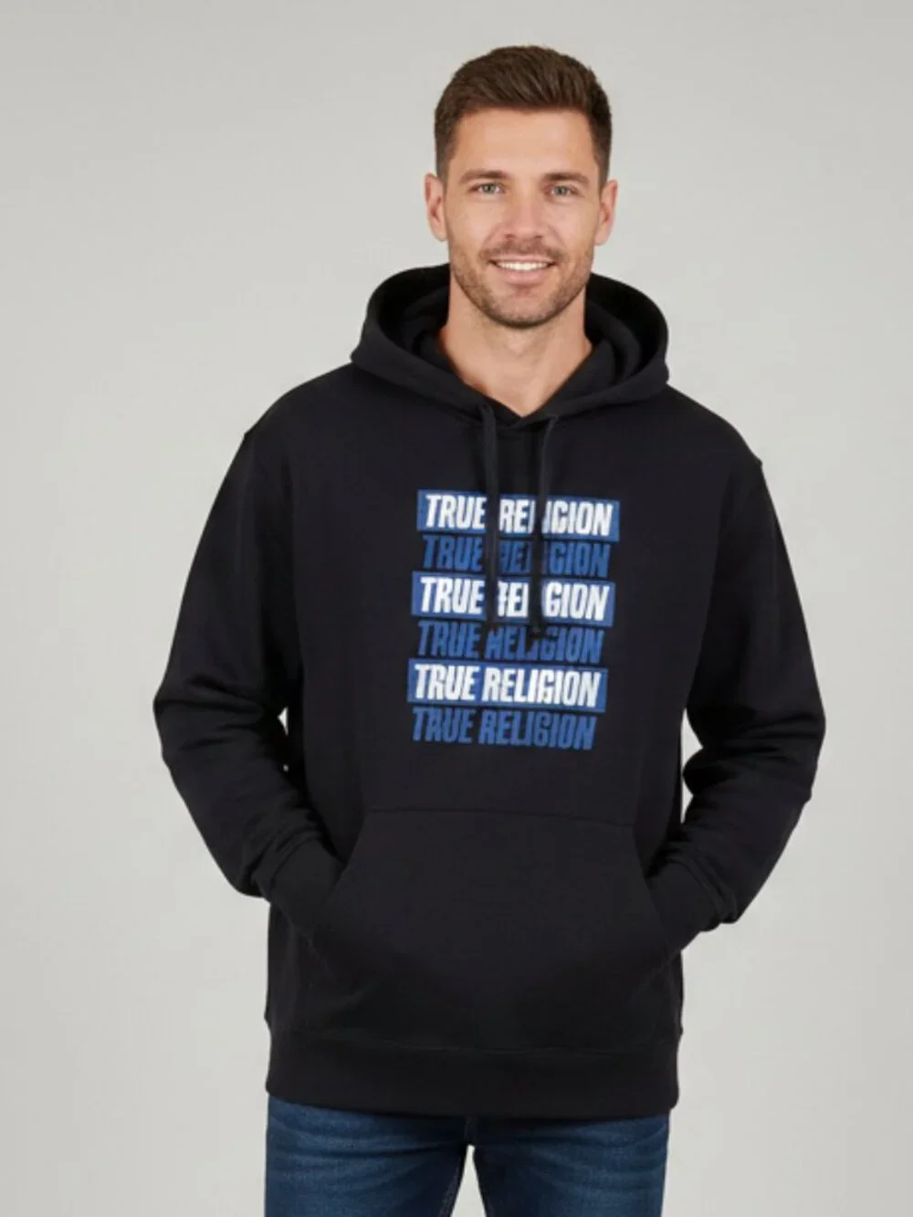 True Religion Sweatshirt Hoodie Mens Size 2XL Black with Blue Logo Print Pockets